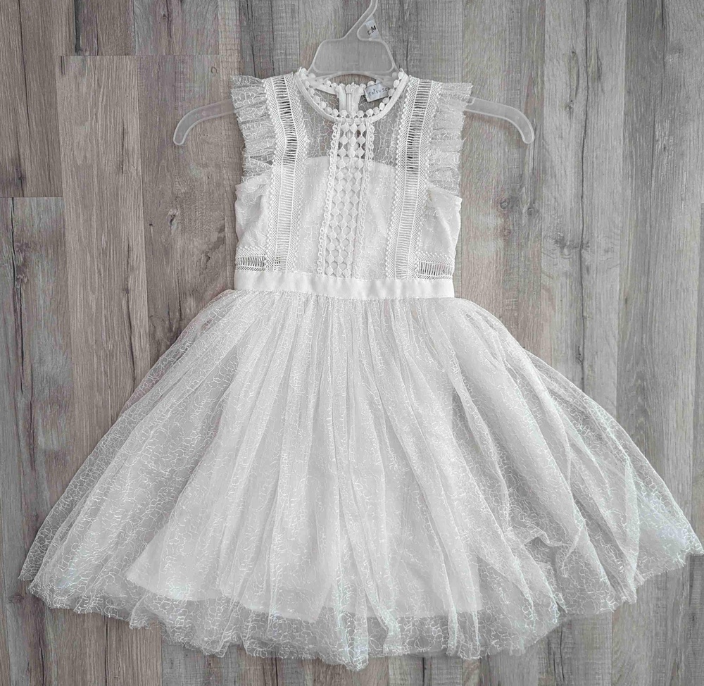 Trish Skully Antique White Lace Tulle Flower Girl Dress, Size 6 (k7)